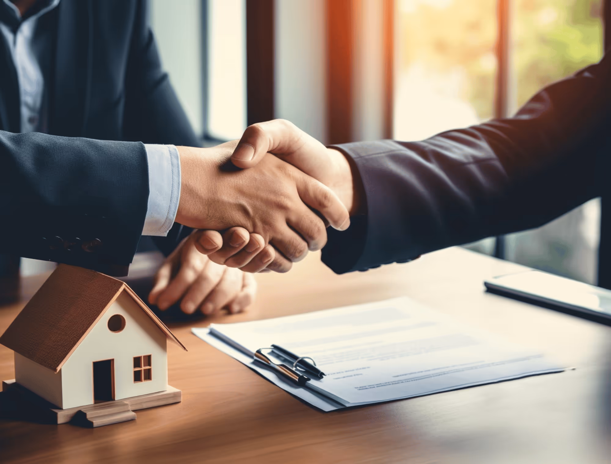 Two people in suits shaking hands over a table with a small house model and contract documents.