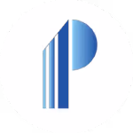 Stylized letter P logo with vertical blue stripes on white circular background.