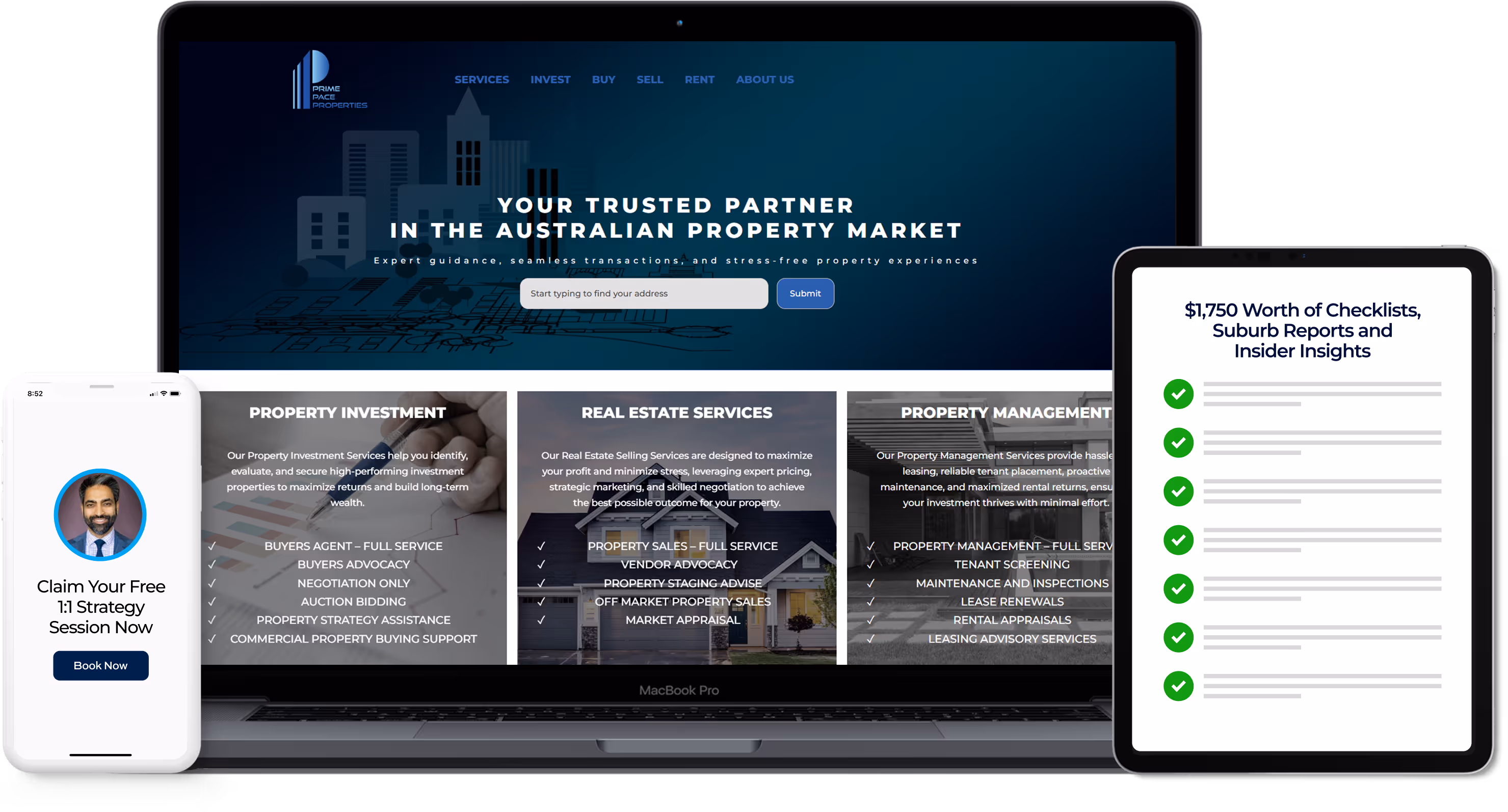 Website of Prime Pace Properties displayed on a MacBook showing property services, a phone screen with a free strategy session offer, and a tablet listing checklists and suburb reports.