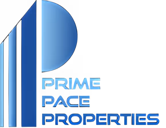 Blue stylized logo with vertical bars and a semicircle, next to the text 'Prime Pace Properties' in blue gradient lettering.