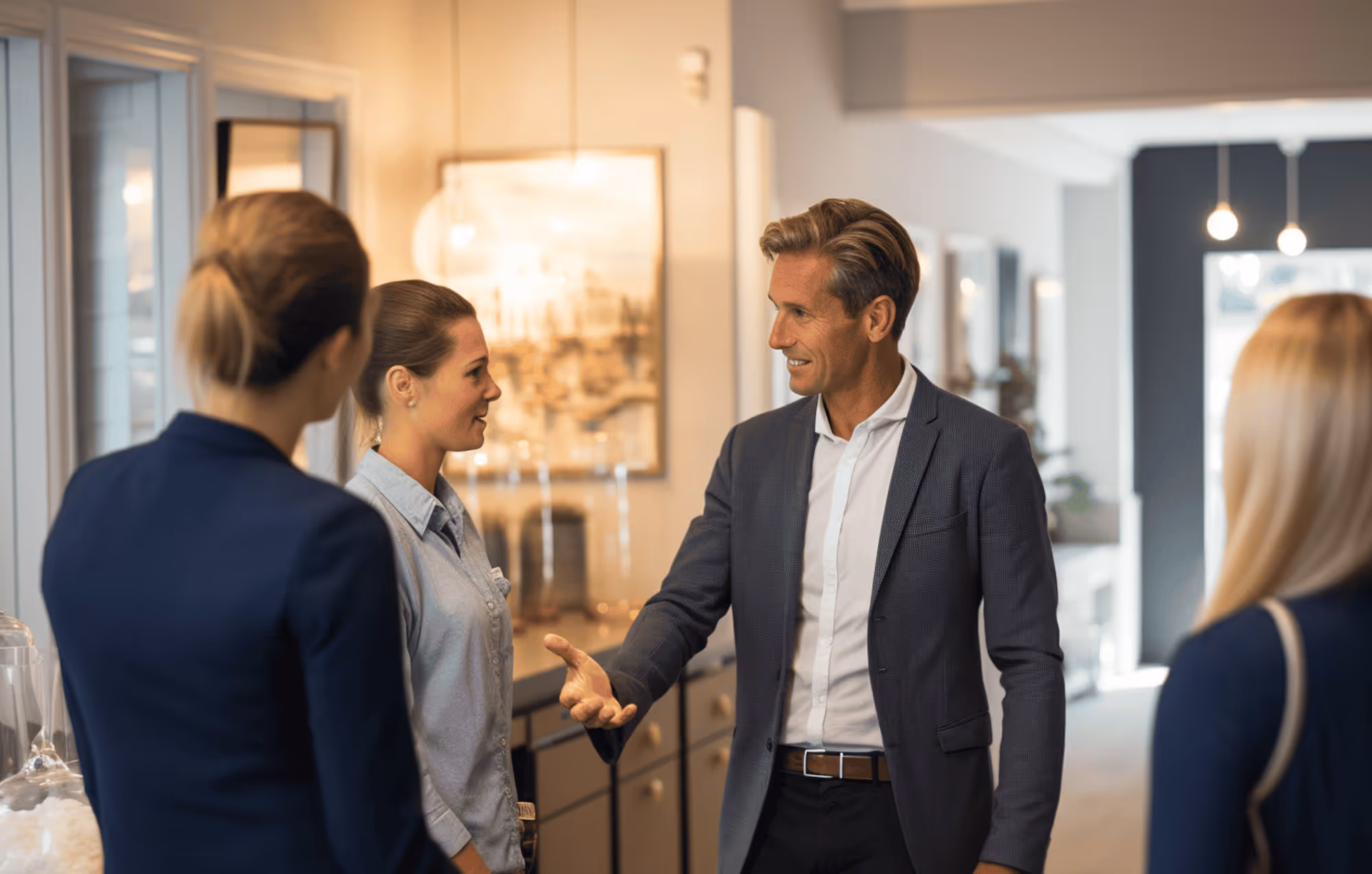 Man in suit engaging in conversation with three women in a modern office setting.