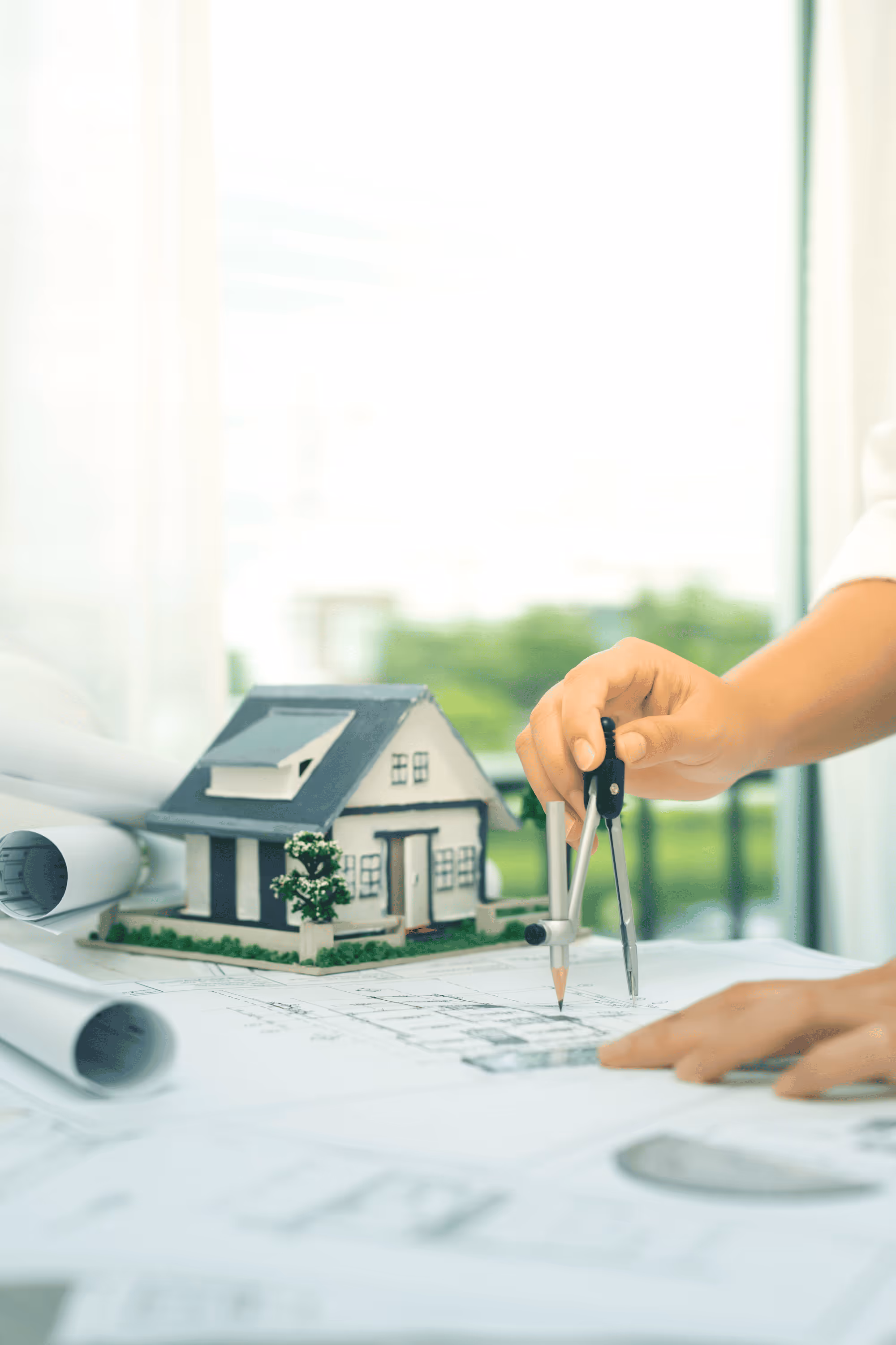 Architect using a compass to draw on blueprints with a miniature house model and rolled plans nearby.